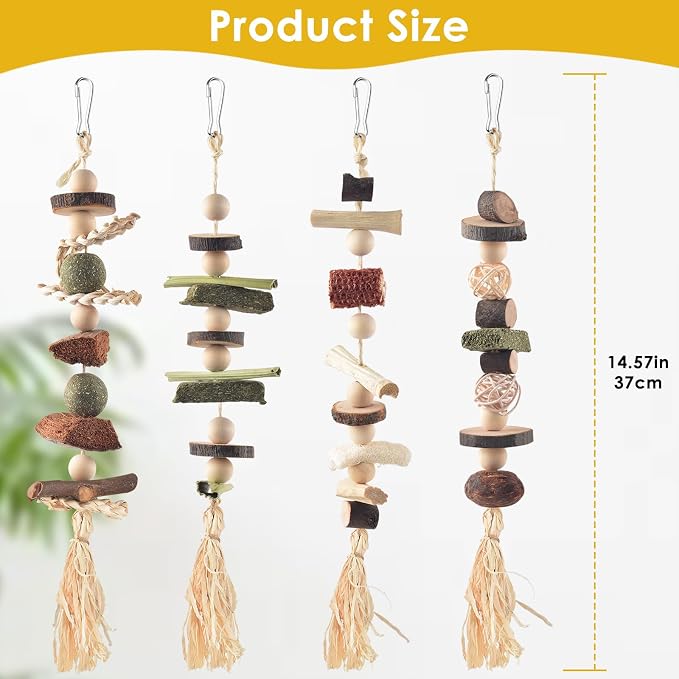 DBNESS 4 Pcs Bunny Chew Toys for Teeth, Hanging Rabbit Chewing Toy Treats with Timothy Grass & Natural Apple Wood, Improve Small Rodent Dental Health for Guinea Pig Hamster Chinchilla Rat Gerbil