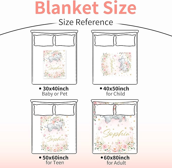 Personalized Elephant Blanket with Name for Girl, Custom Name Blanket for Teen, Soft Flannel Pink Elephant Blankets Customized Gift for Birthday 50"x60"