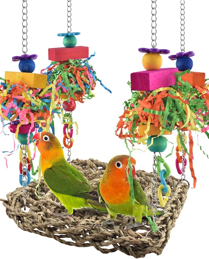 KATUMO Bird Toys, Grass Swing Hammock Climbing Toy for Parrot Parakeet | Natural Grass with Colorful Chew Toys, Climbing and Resting Toys for Small and Medium Pet Birds