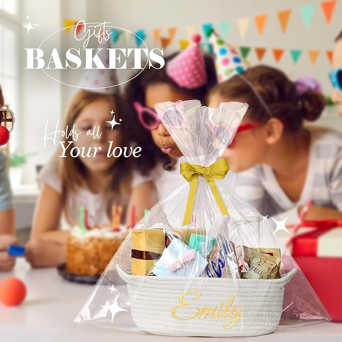 HUTARIO Personalized Woven Basket Embroidered Name with Gift Bags and Ribbons,Empty Small Rope Basket，Durable Storage Custom White Basket with Handles for Baby Showers or Christmas,12"×8"×5"
