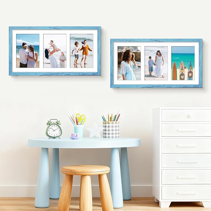 8x16 Collage Picture Frame 5x7 Collage Picture Frame Displays Three 5x7 inch Photos or 8x16 (Without Mat) for Available Horizontal Wall Mounting Display and Vertical Blue