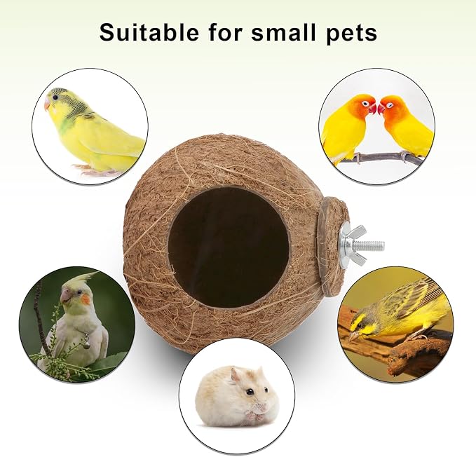 Hypeety Pet Bird Breeding Nest Natural Coconut Bird Hideout Hut for Cage | Natural coconut shell, for sleeping/breeding, easy to install, for parakeets/cockatiels/finches/hamsters, coco cage perch toy