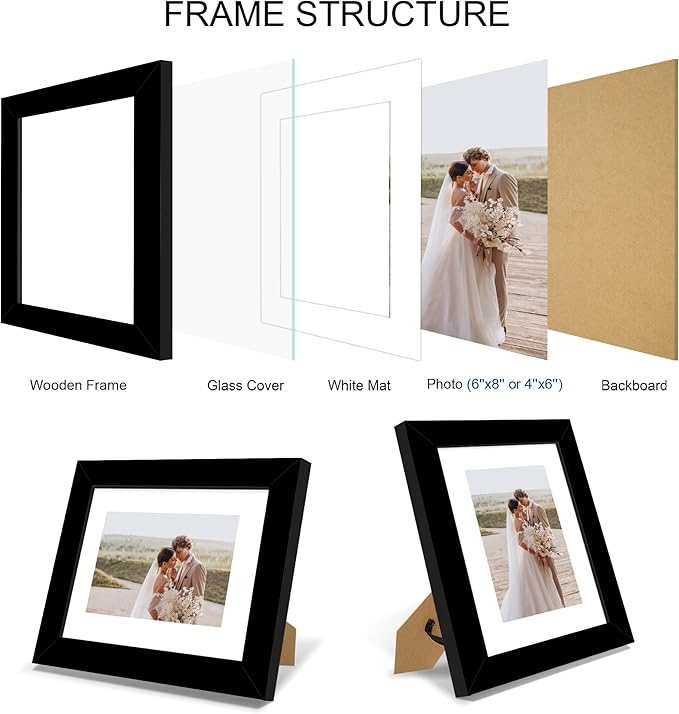 6x8 Picture Frame Set of 4, Made of Real Glass and Black Frame - Display Picture 4x6 with Mat or 6x8 Without Mat, 6 by 8 Photo for Wall or Tabletop