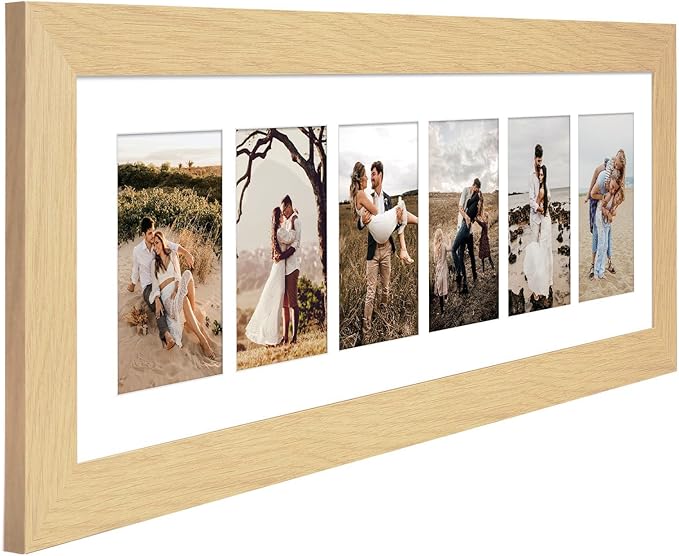 8x26 Picture Frame Display 6 opening 4X6 Picture Frame Collage,Multi Photo Frame with Mat,Plexiglass,Wall or Tabletop Decor,Natural Wood Grain