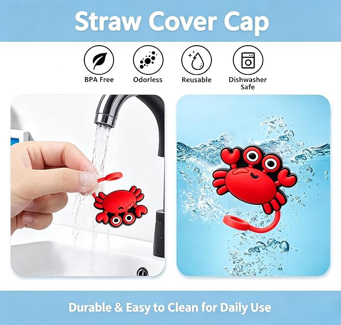 Animal Straw Toppers For Stanley Cups;Straw Covers Cap Toppers Compatible With Stanley 30&40 Oz Tumbler, Reusable & Silicone Tumbler Straws Topper For 0.4 Inch Tips Animal Lover Gifts (Red Crab)