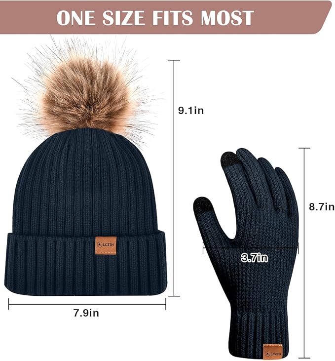Womens Winter Beanie Hat Gloves Set,Fleece Lined Warm Knit Pom Pom Ski Hat Touchscreen Gloves Set Gifts for Cold Weather