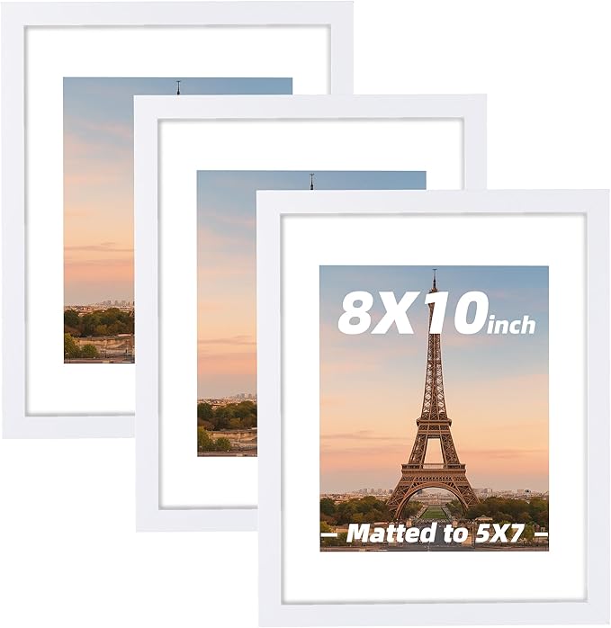 3 Pcs 8x10 White Picture Frame - Display Pictures 5x7 with Mat or 8 x 10 without Mat - White Wood Picture Frames for Wall Mounting - Wooden Photo Frame for 8 10 Matted to 5x7 Print Set of 3