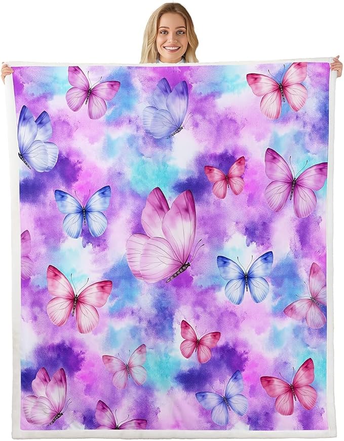 Feelyou Girls Butterfly Fleece Throw Blanket Throw 50"x60" Kids Tie Dye Watercolor Sherpa Blanket Plush Fuzzy for Bed Couch Chair Living Room, Dreamy Girly Bed Blanket Colorful Room Decor
