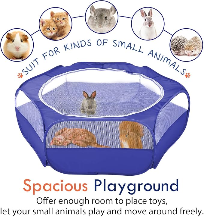 Pawaboo Small Animal Playpen with Zippered Cover,Indigo | Portable pop-up pet tent for supervised rabbits, guinea pigs, chicks and kittens; water-resistant bottom and 3 metal rods