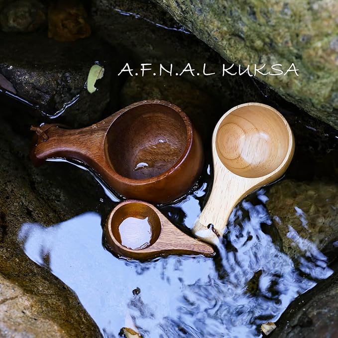 Kuksa Camping Mug Wooden Bushcraft Handcarved Cup, Nordic Style Coffee & Hiking Kuksa, 2 Pack Small & Mini Size, 3.3 oz. & 1 oz.