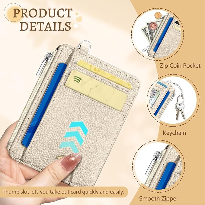 Kelvoris Credit Card Holder Small Wallet Women, Slim RFID, Beige | Keychain, Zipper Coin Pocket, Front Pocket Thin Travel Card Case, Minimalist, 6 Card Slots, 1 ID Window, Ladies Gifts Woman
