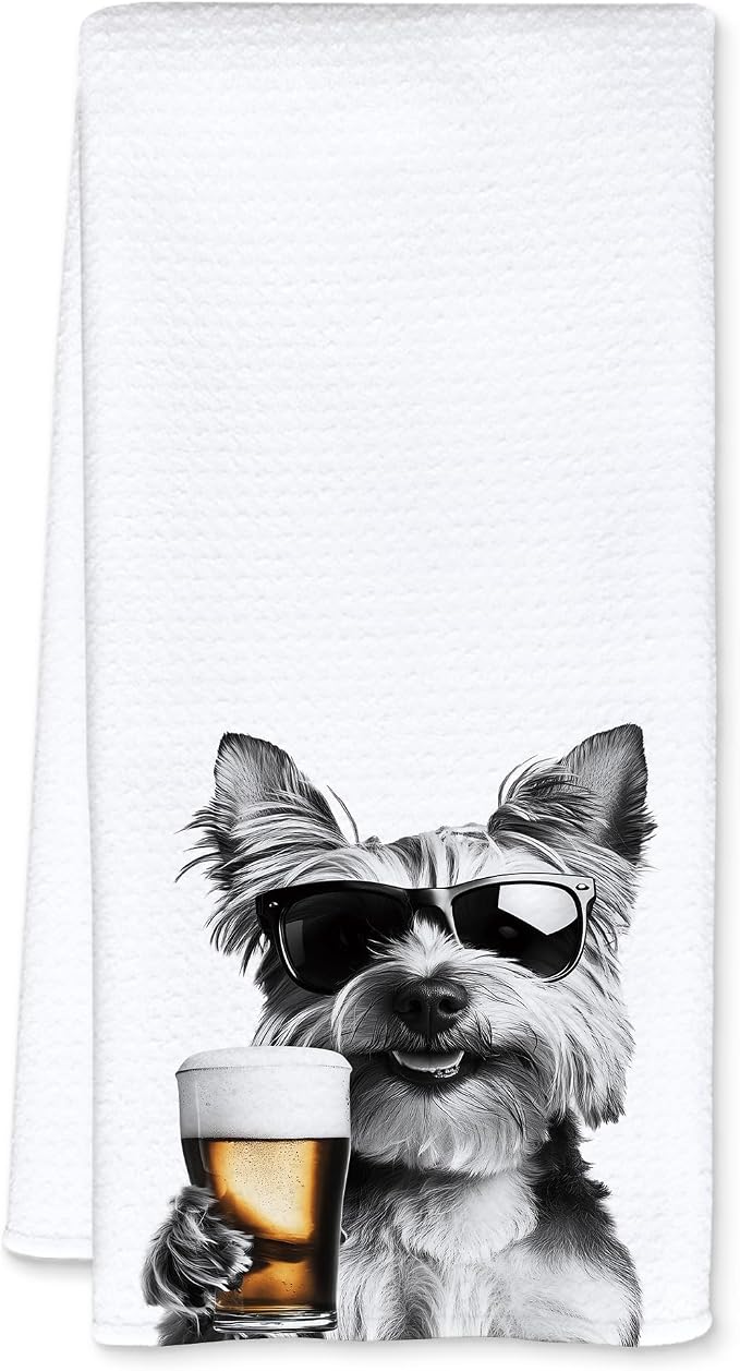 Funny Yorkshire Terrier Beer Kitchen Towels, Yorkshire Terrier Gifts Dish Tea Towels for Kitchen Decor, Bar Towel for Bartender Kitchen, Beer Lover Gift, 16x24 Inch