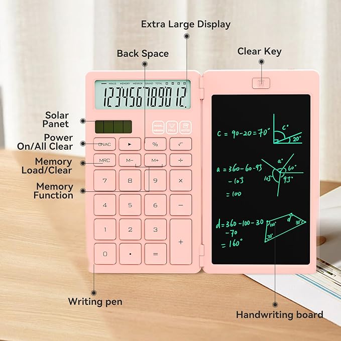 Desk Calculators with Erasable LCD Notepad ROATEE Basic Calculators Pink Cute School Supplies for Girls Middle School Stuff Cute Pocket Office Supplies Home Essential Solar & Battery Energy Big Button