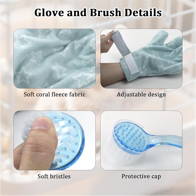 1Pcs Hamster Bite Proof Glove and Grooming Brush Set, Adjustable Hamster Glove, Lid Soft Cleansing Brush Massage Combs, Guinea Pig Brush, Hamster Care Set for Hamsters, Ferrets, Hedgehog (Green Stars)