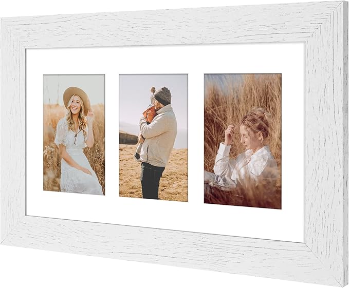 8x14 Picture Frame Display 3 opening 4X6 Picture Frame Collage,Multi Photo Frame with Mat,Plexiglass,Wall Hanging Decor,Distressed White Wood Grain