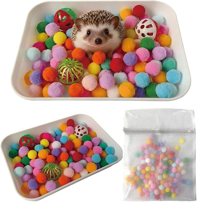 Hedgehog Dig Box Enrichment Cage Accessories, Funny Dig Box Toys, Interactive Foraging Tray with Laundry Bag, 3 Bell Balls & 100 Colorful Pom Poms, for Hedgehogs, Hamsters, Ferrets, Kittens
