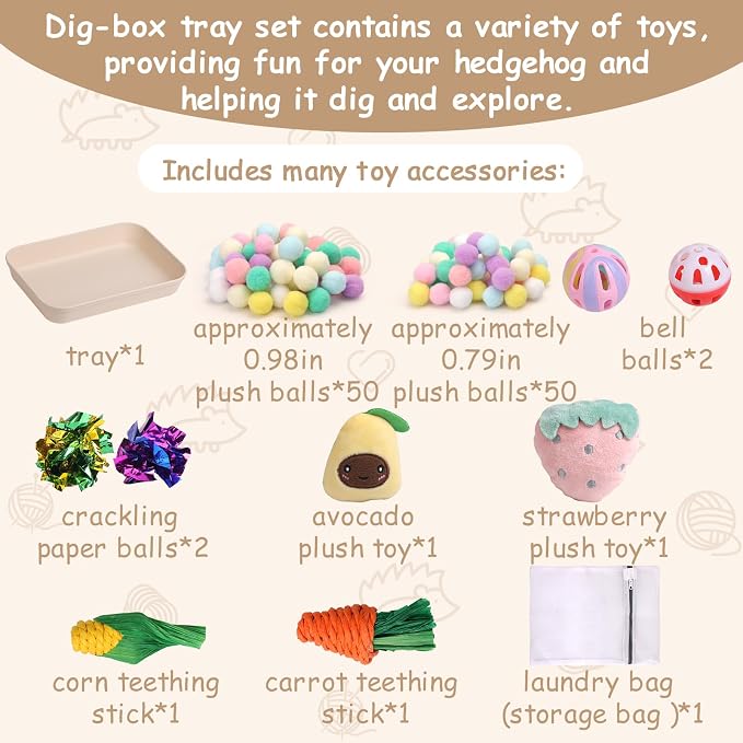 Hedgehog Accessories, Dig-Box Tray for Hedgehog Cage with Ball Toy, Small Animal Accessories Funny Dig-Box Tray Toys for Hedgehogs, Ball Bell Toy for Ferret Kitten Cat Hamster (Colorful)