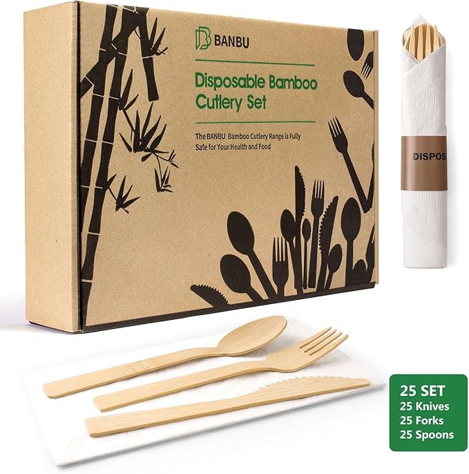 Prerolled Bamboo Cutlery-25 Pack (6.7" 25 Forks 25 Spoons 25 Knives 25 Napkins) Individually Wrapped Forks Spoons and Knives Set Disposable Compostable for Wedding/Camping