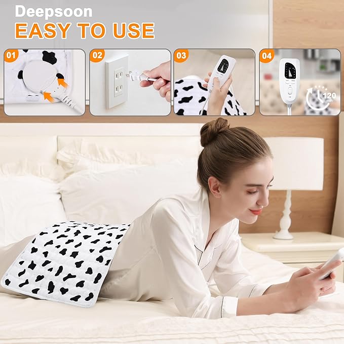 Deepsoon Heating Pad,Electric Heating Pads for Back,Neck,Abdomen,Moist Heating Pad for Shoulder,Knee,Arms,Legs,Dry/Moist Heat & Auto Shut Off,Christmas Gifts for Men and Women,White Black,24x12 Inch