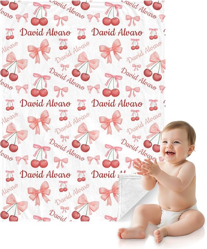 Ship Next Day Custom Name Baby Blanket, Personalized Toddler Blanket with Cherry Pattern, for Baby Boys and Girls