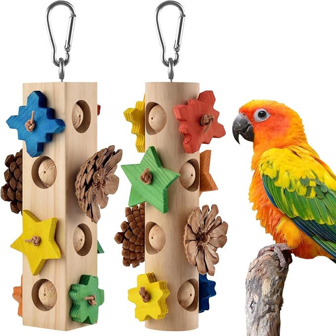 DBNESS Bird Toys for Parrot, 2 Pcs Hanging Colorful Wood Blocks Pinecones Parakeet Chew Foraging Toy for Beak-Grinding, Cage Accessories for Small to Medium Budgies, Cockatiels, Caiques, Conures