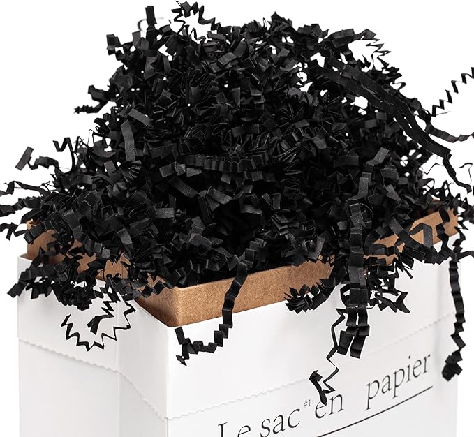 Mefleet 1/2 LB Crinkle Cut Paper Shred Filler 8 oz Black Crinkle Shredded Paper for Gift Box - Gift Basket Bag Filler - Grass Cushion Stuffing for Easter, Mother's day, Birthday Packaging Wrapping