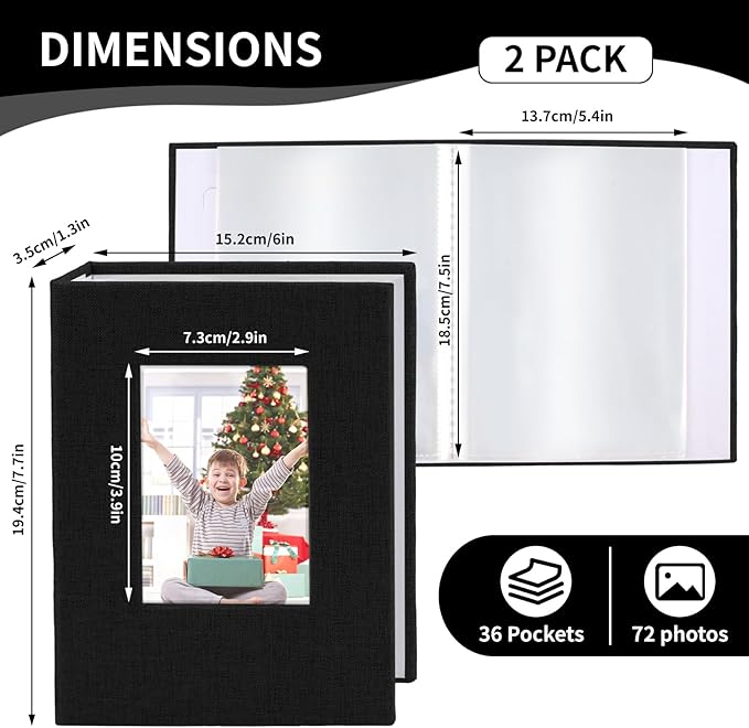 vivinin 2 Pack Photo Album 5x7, Linen Cover Photo Book, Small Photo Album Book for 36 Pockets Hold 72 Pictures, Picture Book for Photos Family Anniversaries Baby Vacations (Black)
