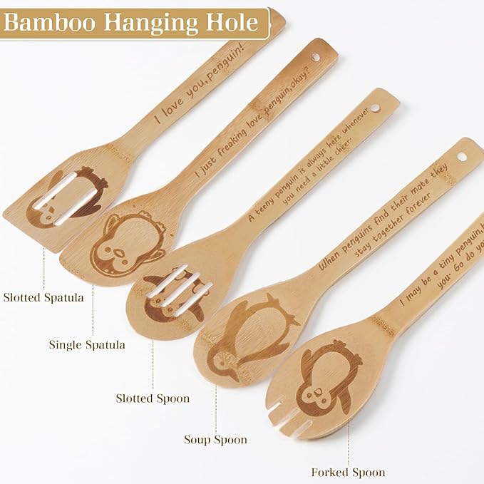 5PCS Penguin Wooden Cooking Spoons Kitchen Decor Penguin Gifts for Women Men Penguin Lovers Birthday Gifts Party Favors Housewarming Wedding Bamboo Cooking Spoons for Everyday Use
