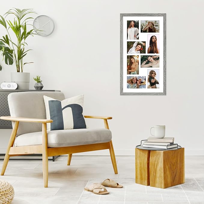 11.8x21.8 Collage frame with 8 Openings 4X6 Pictures, Multiple Picture Frame with Mat, Wall or Tabletop Decor, Grey Wood Grain,2 Pack