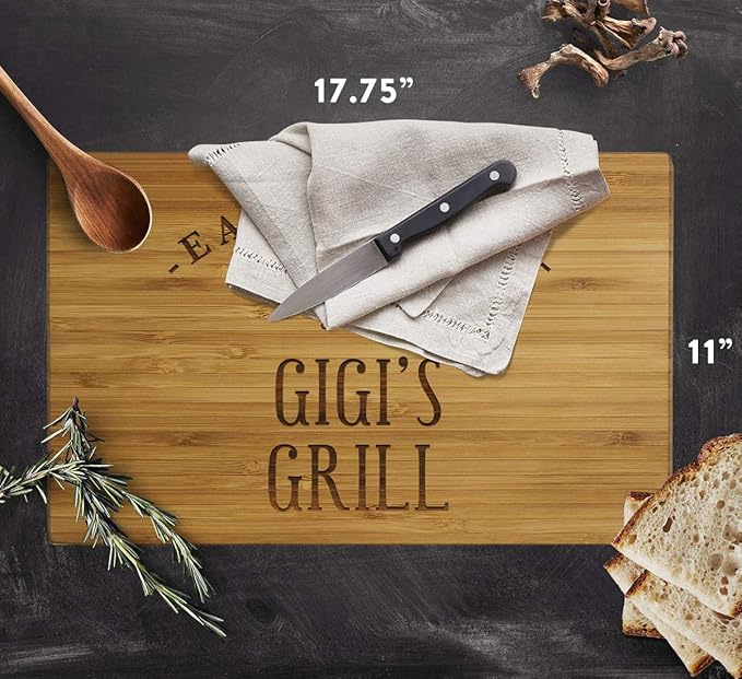 Andaz Press Large Bamboo Wood BBQ Cutting Board Gift, 17.75 x 11-inch, Gigi's Grill, 1-Pack, Laser Engraved Serving Chopping Board Christmas Birthday Chef Kitchen Ideas