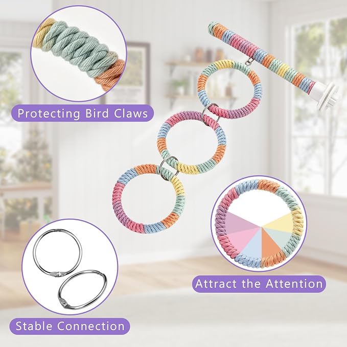 Litewoo 3-Ring Bird Swing Parrot Perch Colorful Cotton Rope Chew Climbe Toy | Colorful soft cotton rope, adjustable length for multi-level play, durable metal connections, for parakeet/budgie/conure
