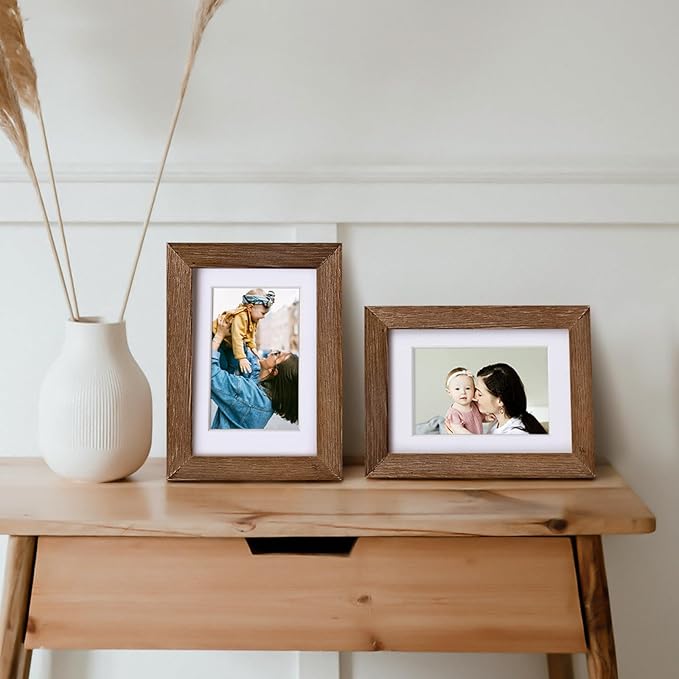 Egofine 4x6 Picture Frames Set of 4, Made of Solid Wood Covered by Plexiglass 3.5x5 with Mat or 4x6 without Mat, for Table Top Display and Wall Mounting Photo Frame,Walnut Brown