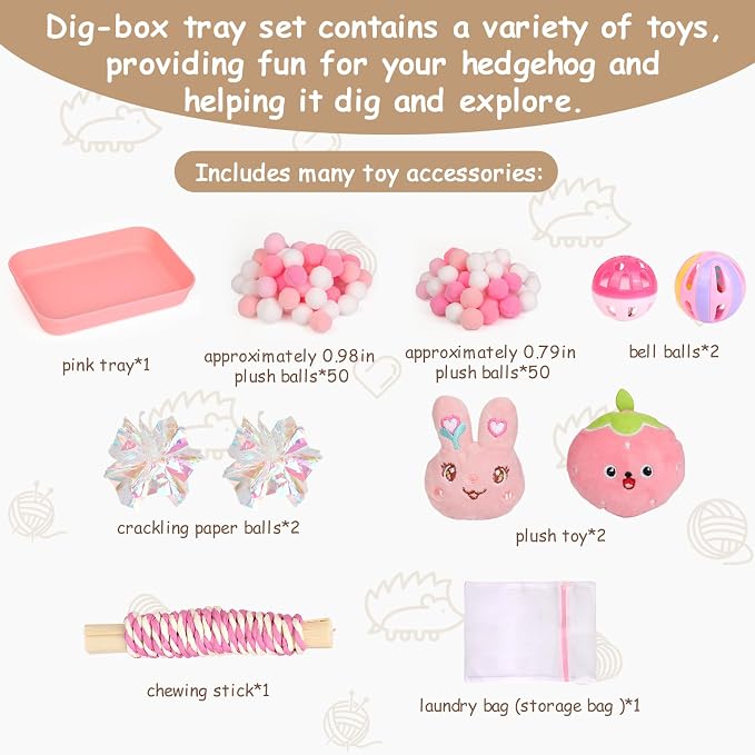 Hedgehog Accessories, Dig-Box Tray for Hedgehog Cage with Ball Toy, Small Animal Accessories Funny Dig-Box Tray Toys for Hedgehogs, Ball Bell Toy for Ferret Kitten Cat Hamster (Pink)