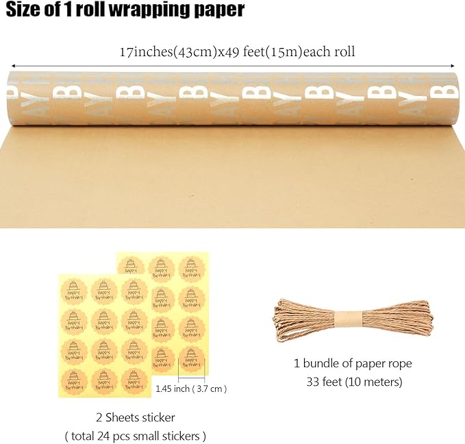 MAMUNU Birthday Wrapping Paper Roll, Silver and Brown Kraft Happy Birthday Wrapping Paper Jumbo Roll for Boys Girls Women Men, 17x590 inch (70 sq. ft.)
