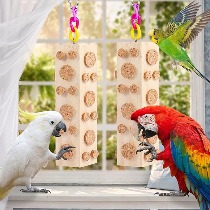 Bird Foraging Toy Parakeet Toys for Budgie, Conure, Cockatiel, Lovebird, and Small to Medium Parrots, 2 Pack Hanging Parrot Toy with 92 Detachable Corks, Natural Wood