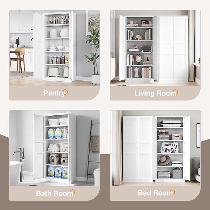 Yizosh Metal Storage Cabinet - 71" White Kitchen Pantry with 2 Doors and 5 Adjustable Shelves, 5-Tier Tall Steel Locker for Living Room, Dining Room