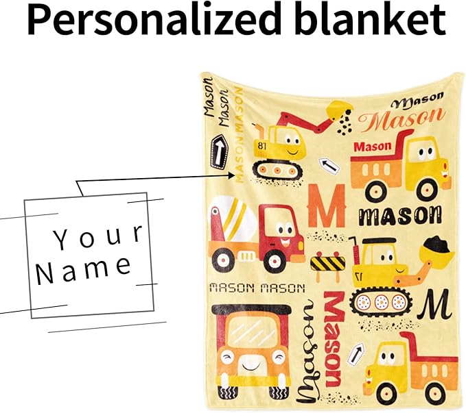 Personalized Construction Blanket for Boys Girls with Name, Custom Name Blanket Construction Vehicles, Soft Flannel Teen Blankets Customized Gift for Birthday Christmas-50x60in