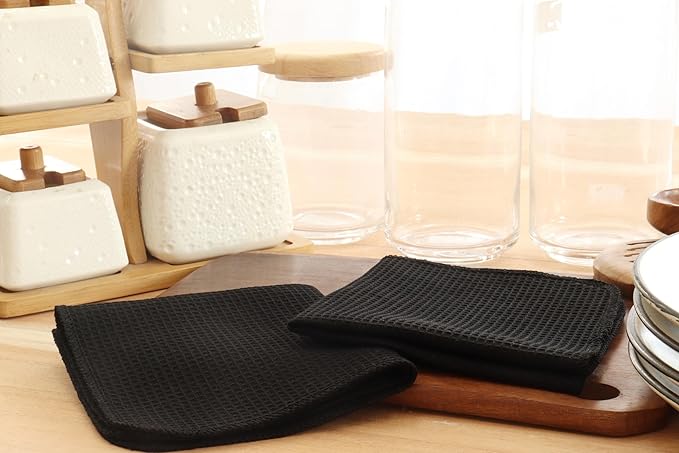 PurpleEssences Dish Cloths and Dish Rags - 8 Pack Waffle Weave Solid Kitchen Dish Wash Cloths, 100% Cotton, 12 x 12 Inches, Ultra Soft Absorbent Quick Drying - Christmas Holiday Winter - Black