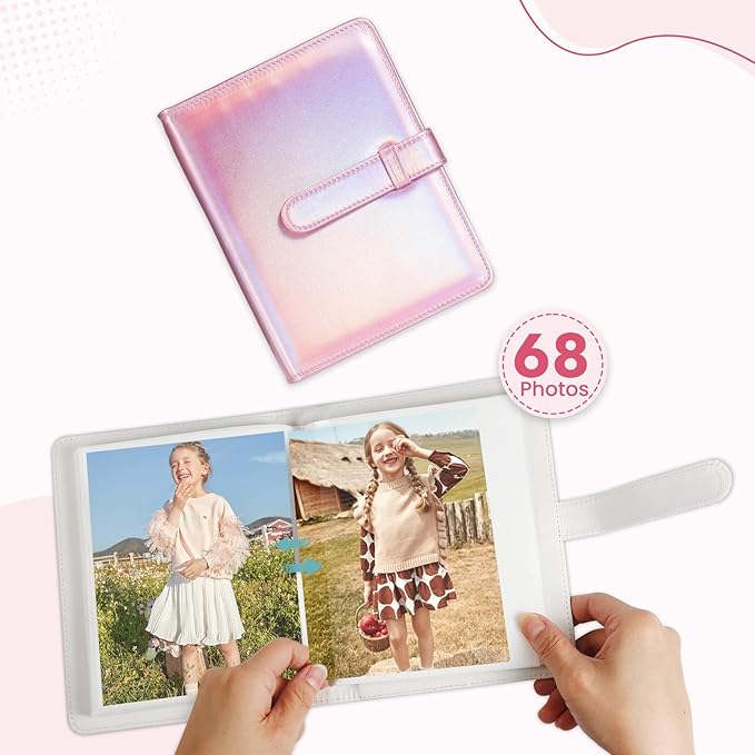 Lifting Photo Album 4x6 with 68 Pockets，Premium Vegan Leather Cover Small Photo Album Book，Mini Picture Album for Family Birthday Anniversary Baby Vacations (Magic Pink)