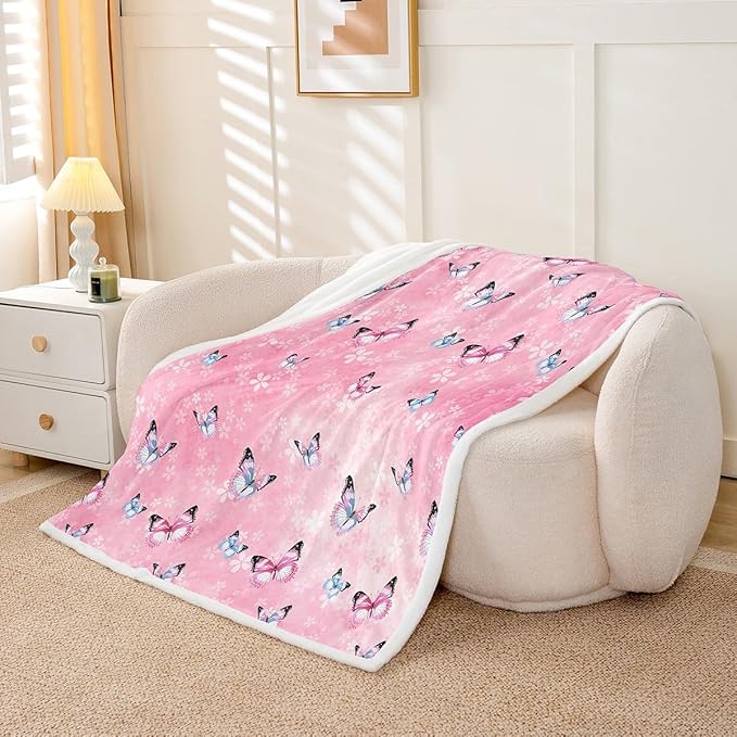 Feelyou Girls Butterfly Fleece Throw Blanket Baby 30"x40" Kids Pink Cherry Blossom Sherpa Blanket Plush Fuzzy for Bed Couch Chair Living Room, Beautiful Butterflies Bed Blanket Room Decor