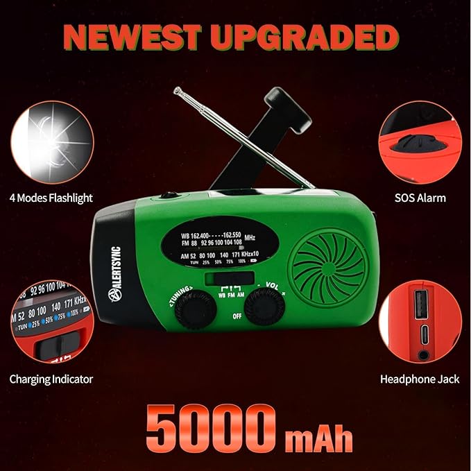 Solar Emergency Hand Crank Weather Radio, Portable Self Powered NOAA AM/FM Radios with SOS Alarm LED Flashlight 5000mAh Smart Phone USB Charger for Camping (Green)