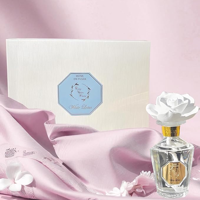 Reed Diffuser Set, Pretty Valley Home Diffuser Rose Petals Gypsum White Flower Oil 100Ml / 3.38fl OZ Gift Box for Bathroom Office Bathroom Living Room Decor (White Lotus)