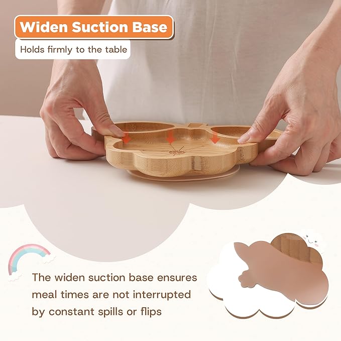 Bamboo Suction Plates Bowls Set for Baby Toddler - Includes Bamboo Bowl, Divided Plate, Silicone Fork & Spoon, All-Natural Baby Feeding Set for Baby-Led Weaning