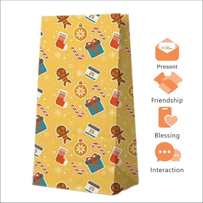 UrLLssMo 24 Pcs Christmas Gift Bags Bulk, Hand-Drawn Illustration Style Paper Gift Bags for Christmas, 12 Designs Holiday Party Favor Bags with No Handle (8.8”x4.8”x3.2”).