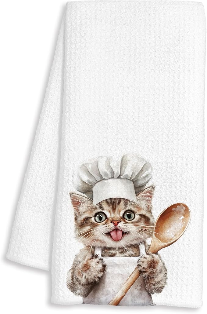 Funny Tabby Cat Chef Kitchen Towels, Cat Lover Mom Dad Gifts, Gifts for Chef, Funny Kitty Decorative Dish Hand Tea Towels for Kitchen Bakery, 16x24 Inch