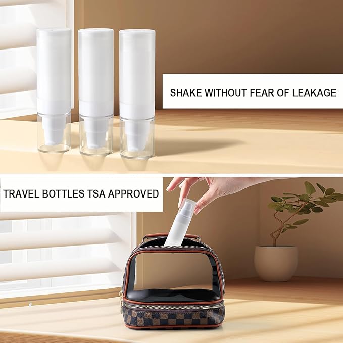 4pack mini Travel Size Pump Bottle Dispenser,Transparent Empty Lotion Bottles with,with Labe lslotion Travel Container 1.0/oz 30ml Small airless Pump jar,TSA Approved Size