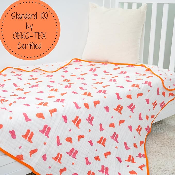 LollyBanks Muslin Baby Blanket 100% Organic Cotton, Muslin Quilt Lightweight, Western Girl Muslin Blanket, 6 Layers Baby Blankets 47"x 47", Soft Nursery Receiving Blankets (Pink Boot)