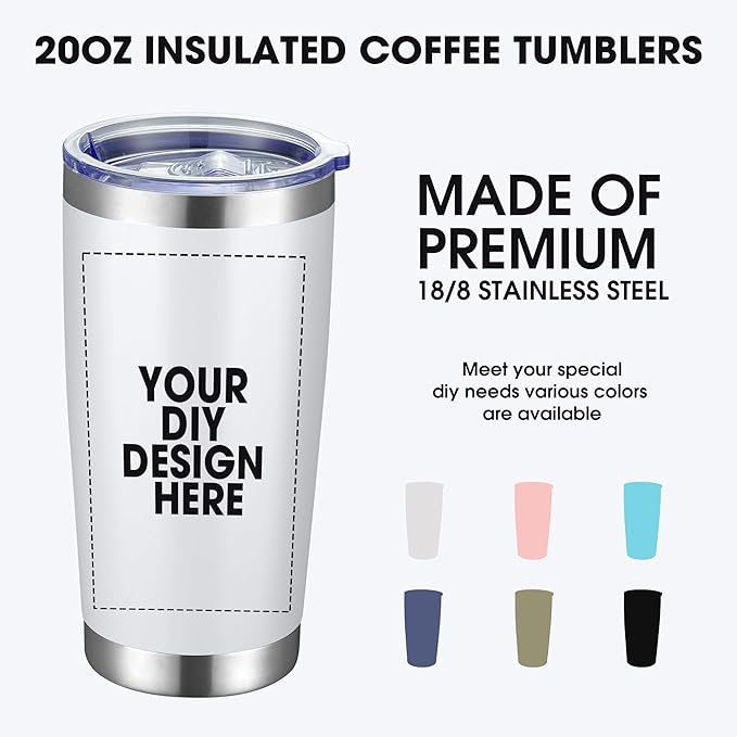 Personalized Custom Tumbler Print in USA 96 Pcs 20oz Stainless Steel Coffee Cup with Lid & Straw Double Wall Insulated Tumbler with Colorful Text Logo Photo