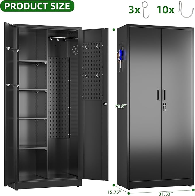 Metal Broom Closet Storage Cabinet, Garage Storage Cabinet with 5 Pegboard, Hanging Rod &13 Hooks for Garage Home,Black,Required Assembly,71.5" H x 31.5" W x 15.75" D