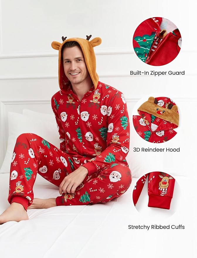 PATPAT Matching Family Christmas Onesie Pajamas – Holiday Hooded Jumpsuit Sleepwear PJs Couples Xmas Loungewear with Socks